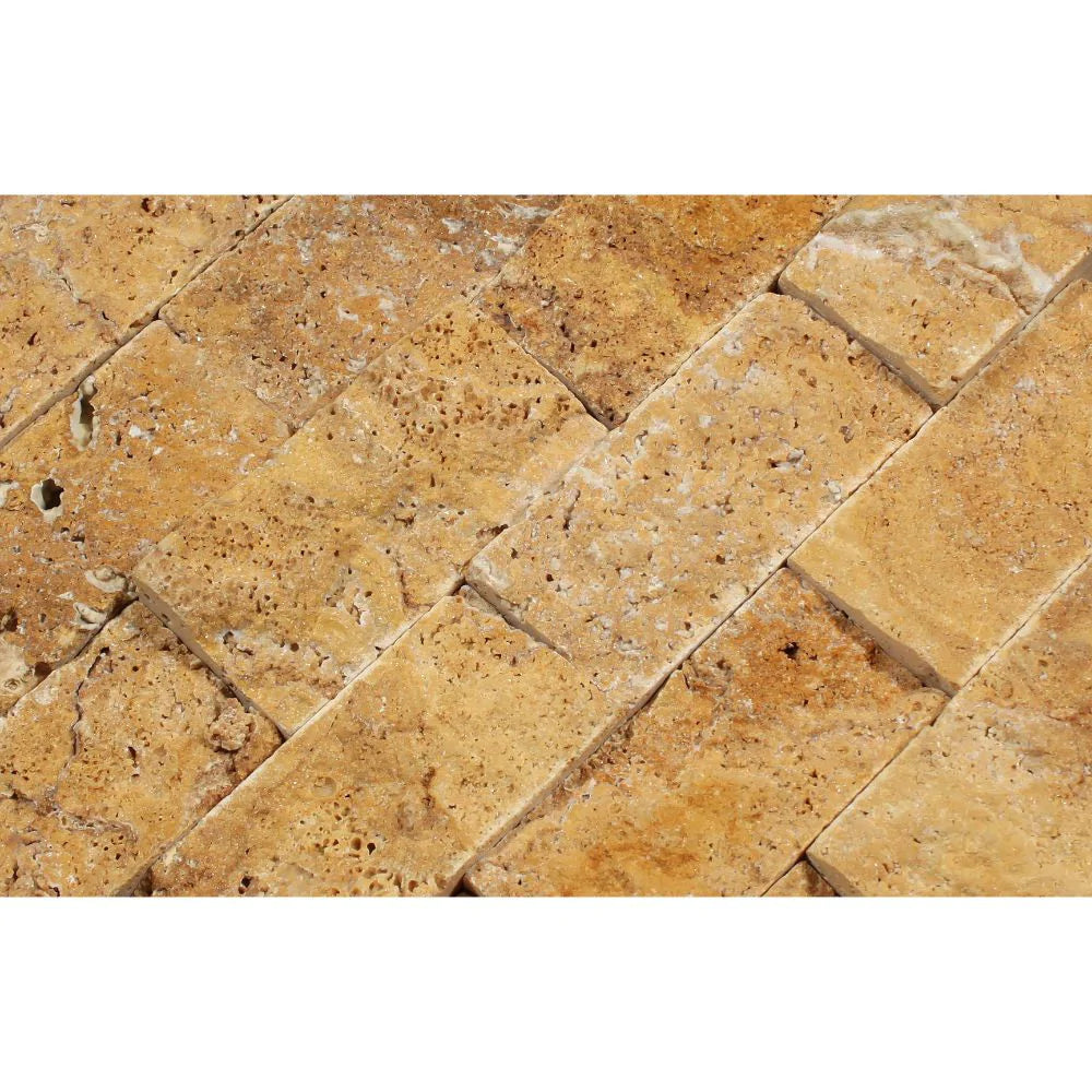 Close-up of Tuscany Gold splitface mosaic showing natural texture and color variation