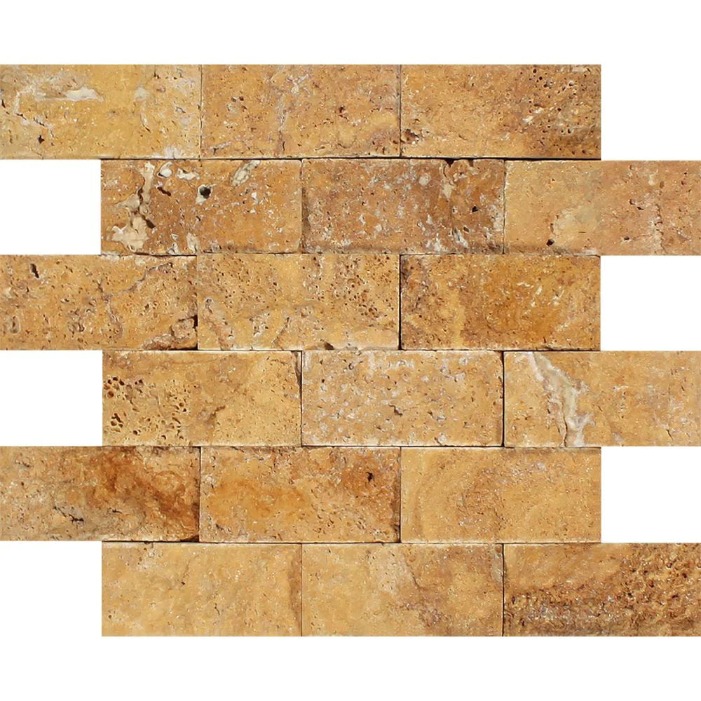 Flat view of Tuscany Gold Travertine 2x4 Splitface Mosaic, mesh-mounted, 12x12 sheet