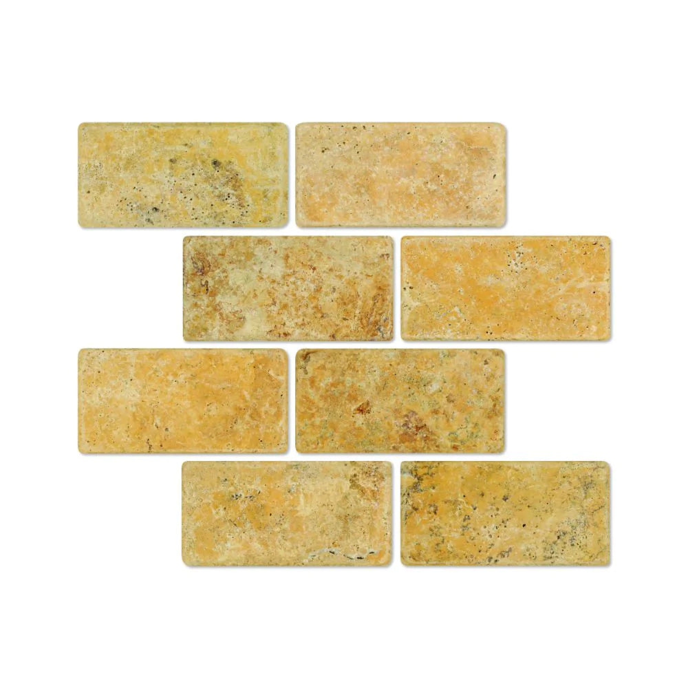 Flat view of Tuscany Gold Travertine 3x6 Tumbled Tile showing rustic edges