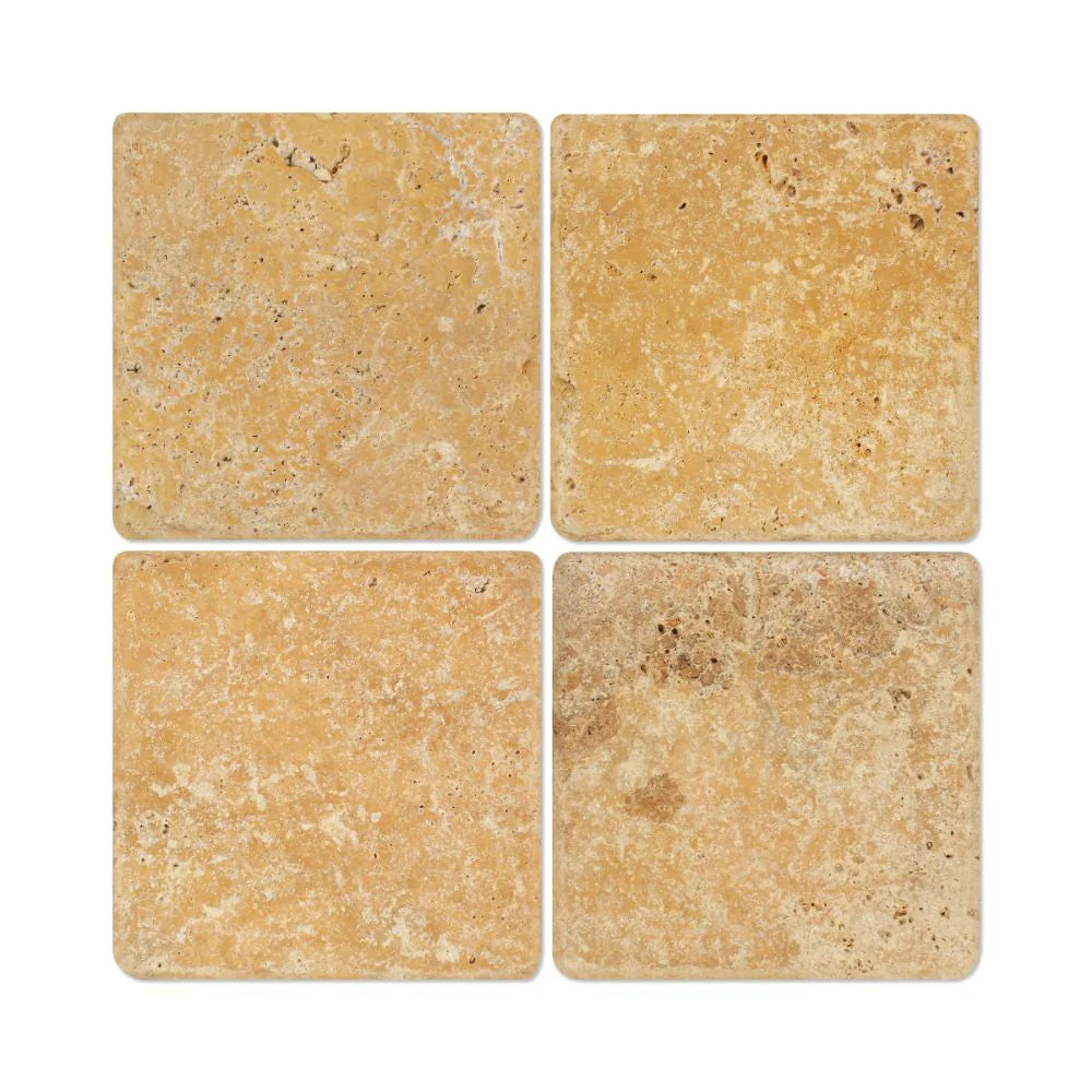 Flat view of Tuscany Gold Travertine 6x6 Tumbled Tile showing rustic surface texture