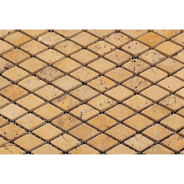 Detail of diamond pattern in Tuscany Gold Travertine mosaic with soft tumbled edges