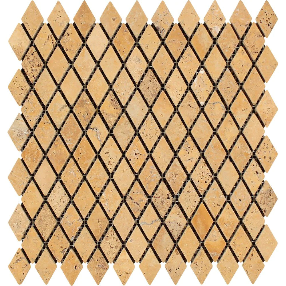 Top view of Tuscany Gold 1x2 Diamond Tumbled Travertine Mosaic on 12x12 mesh sheet
