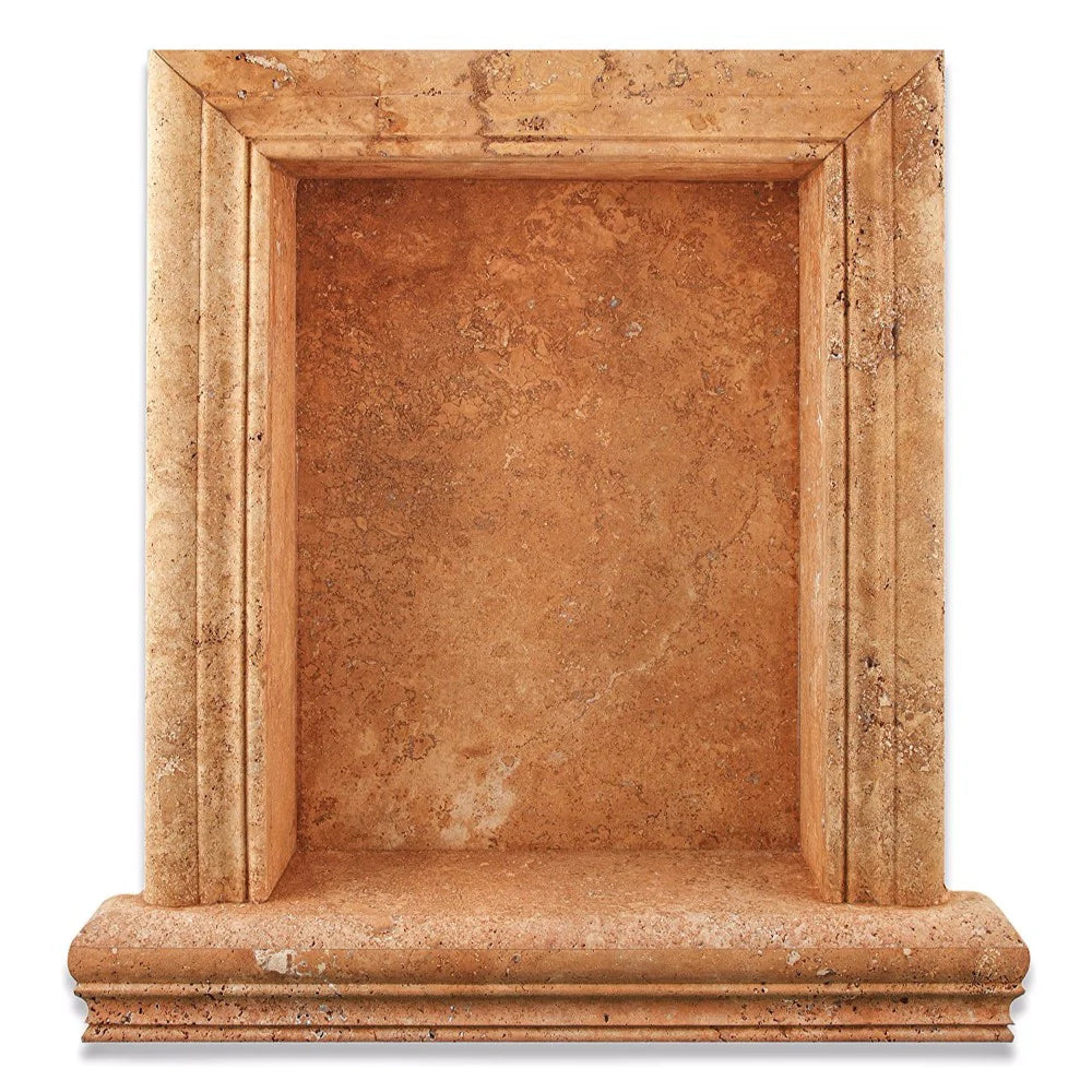 Close-up of Tuscany Gold Travertine niche showing veining, honed surface, and interior corners