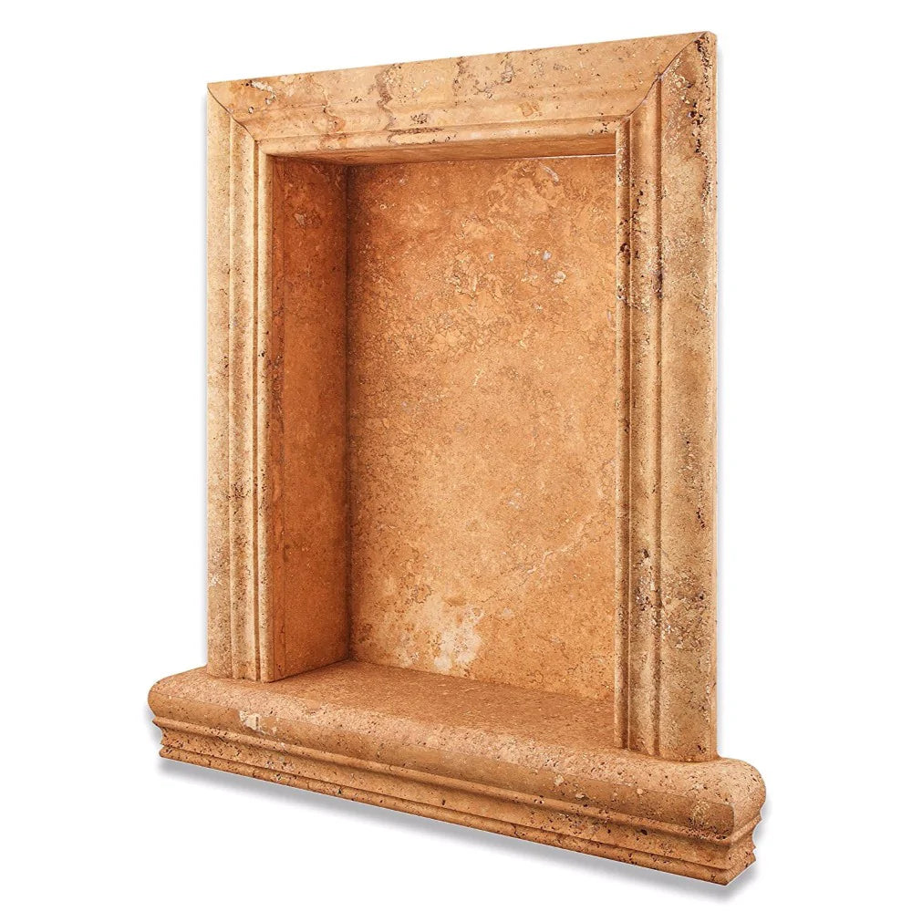Top view of custom made Tuscany Gold Travertine Grande Shampoo Niche with natural stone finish