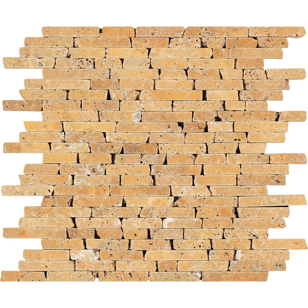 Top view of Tuscany Gold Travertine Mosaic 12x12 with tumbled finish and random strip design