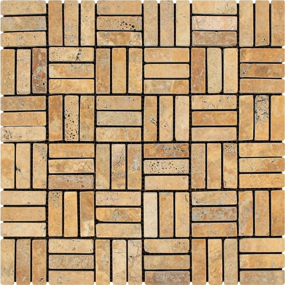 Flat lay of Tuscany Gold Travertine 5/8x2 Tumbled Strip Mosaic on 12x12 sheet