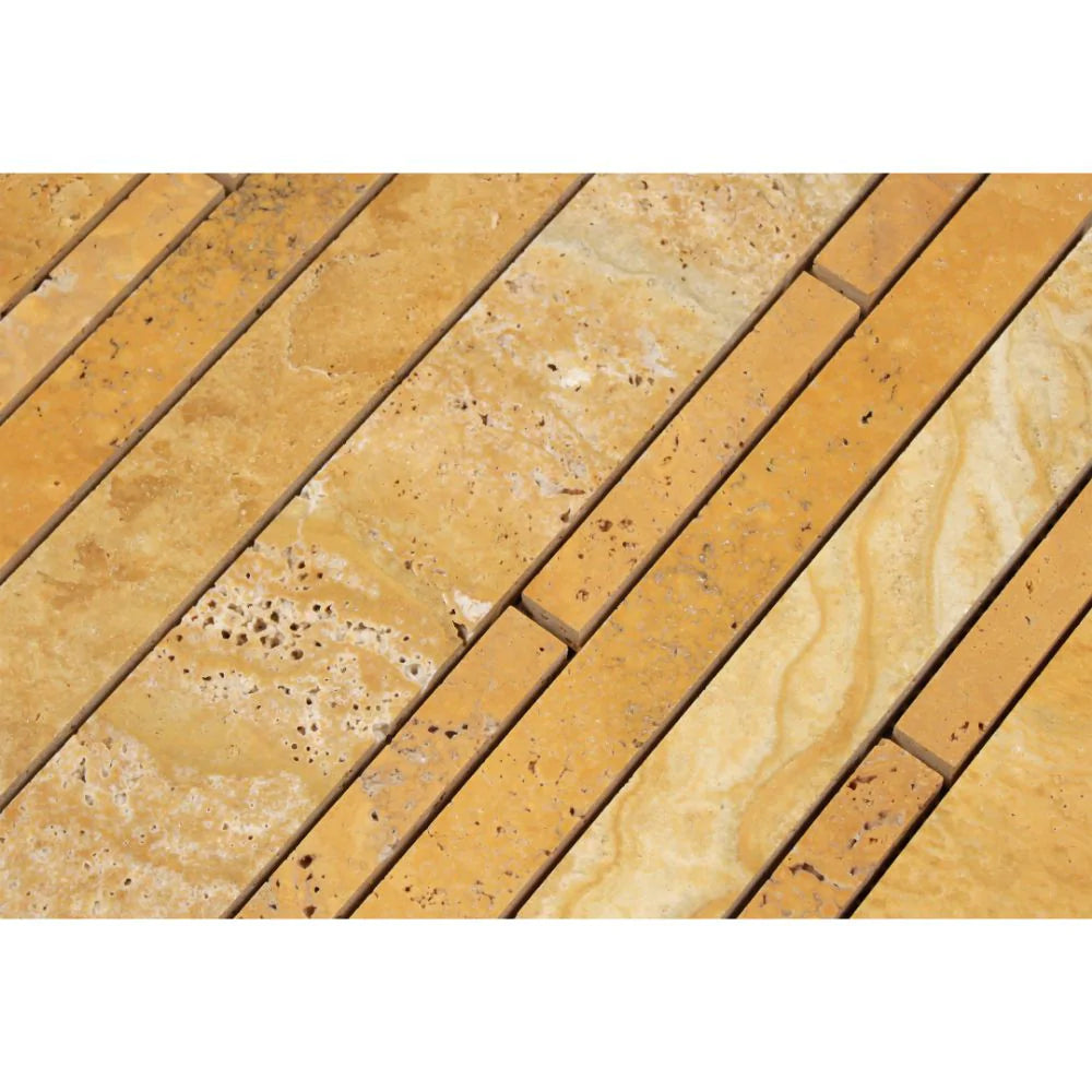 Close-up of tumbled random strip travertine mosaic showing texture and warm color variation