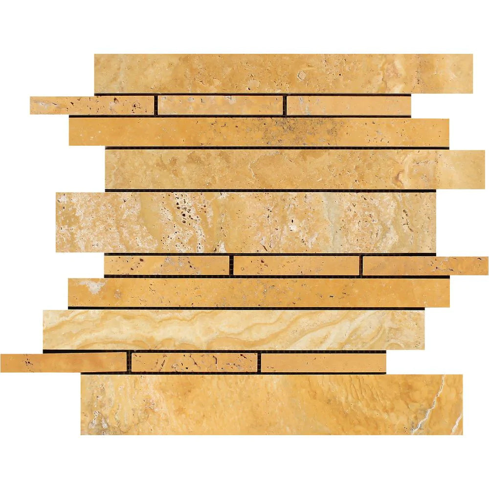 Flat view of Tuscany Gold Travertine Tumbled Random Strip Mosaic, 12x12 mesh-mounted