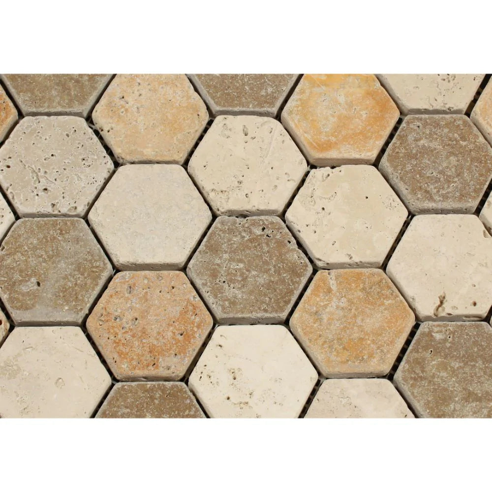 Tuscany Mix Hexagon Tumbled Travertine Mosaic 2x2