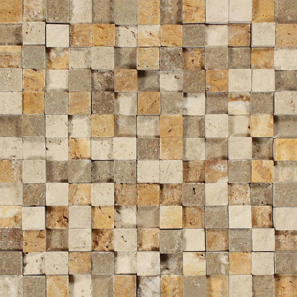 Tuscany Mix 3D Splitface Travertine Mosaic 1x1