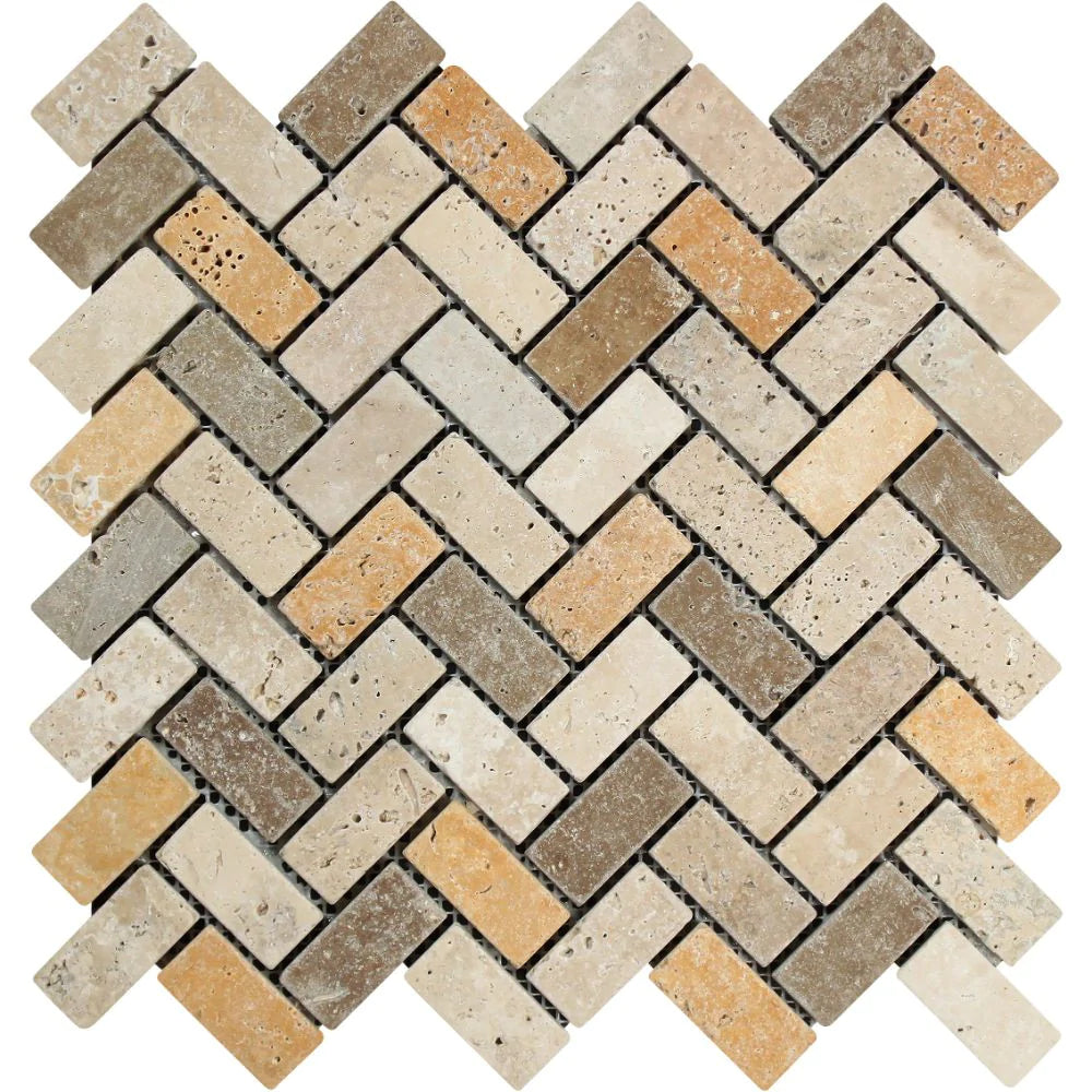 Tuscany Mix Herringbone Tumbled Travertine Mosaic 1x2