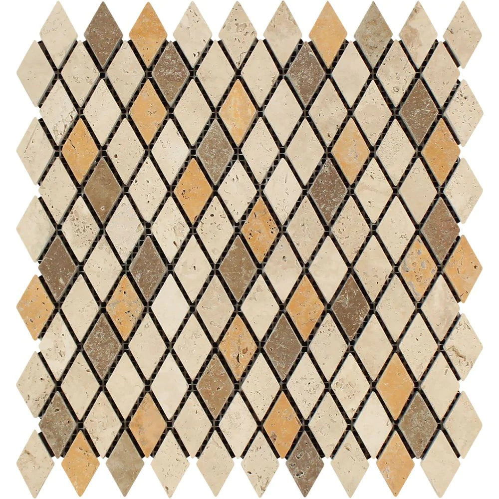 Tuscany Mix Diamond Tumbled Travertine Mosaic 1in