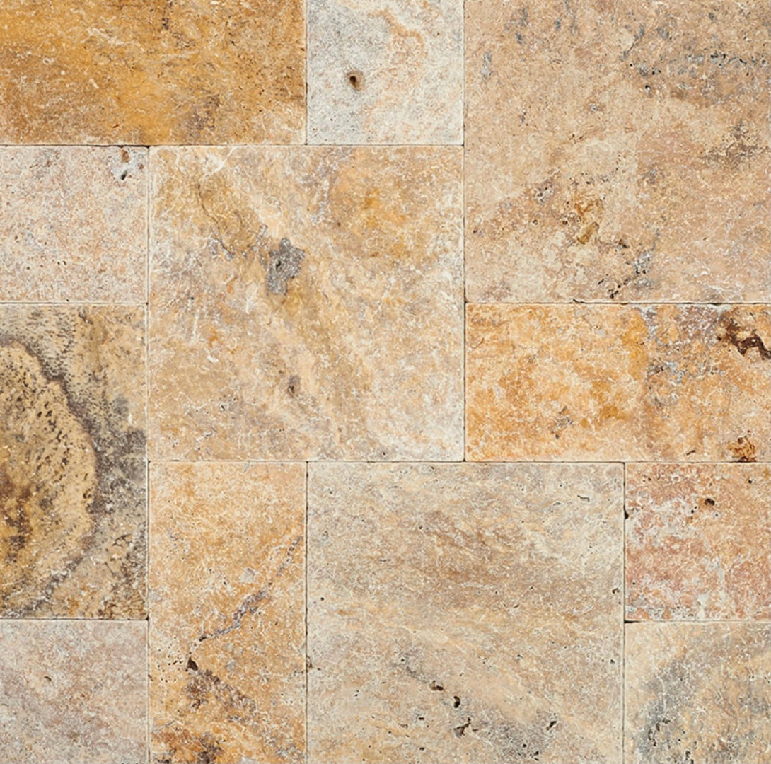 Tuscany Porcini Travertine Pavers in Versailles pattern with tumbled finish

