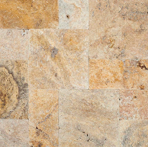 Close-up of Tuscany Scabas Travertine showing natural variation in gold and rust tones