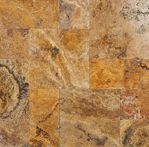 Tuscany Scabas Travertine paver set in Versailles pattern with tumbled finish