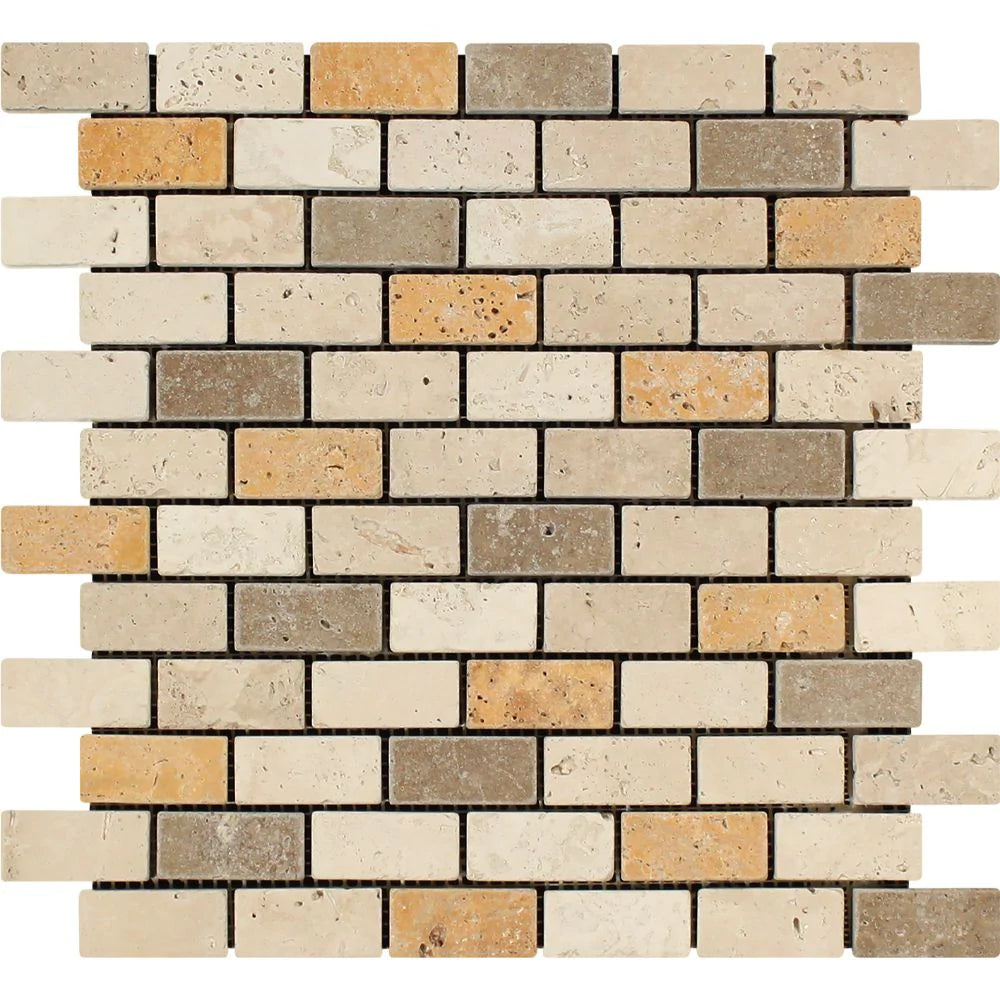 Tuscany Mix Tumbled Travertine Mosaic 1x2