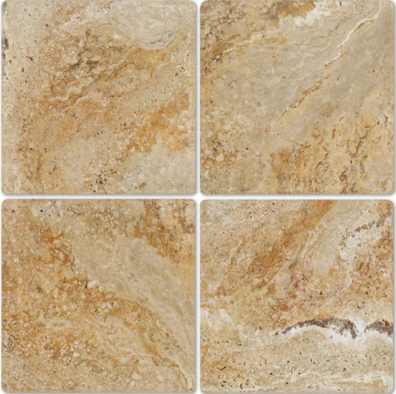 Flat view of Valencia Travertine 12x12 Tumbled Tile showing natural variation in beige, rust, and cream