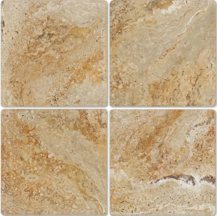 Flat view of Valencia Travertine 12x12 Tumbled Tile showing natural variation in beige, rust, and cream
