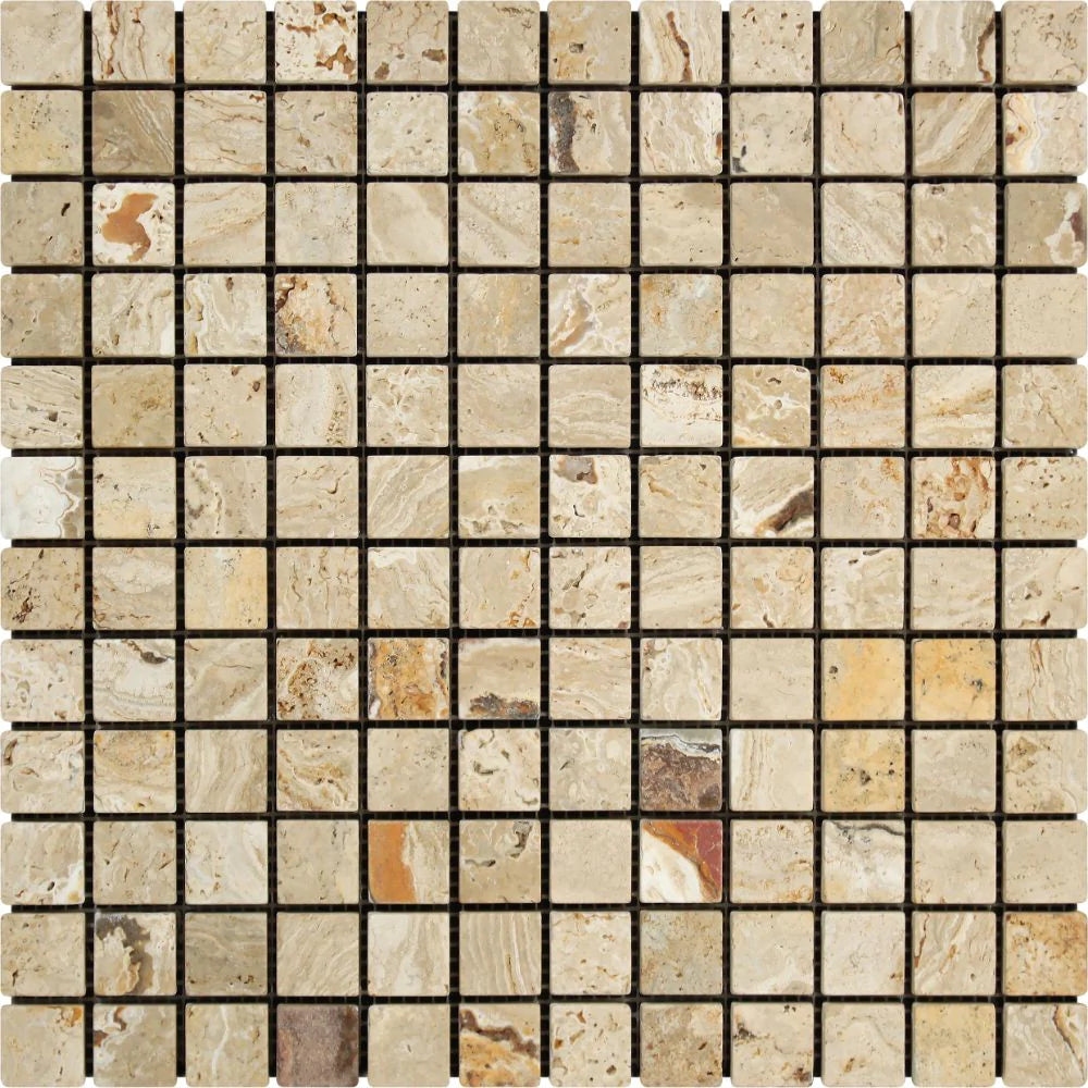 Flat view of Valencia Travertine 1x1 Tumbled Mosaic sheet with soft beige and cream tones