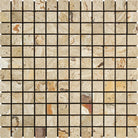 Flat view of Valencia Travertine 1x1 Tumbled Mosaic sheet with soft beige and cream tones