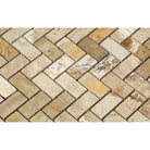 Close-up of Valencia Travertine 1x2 Herringbone pattern mosaic showing tumbled finish and earthy tones
