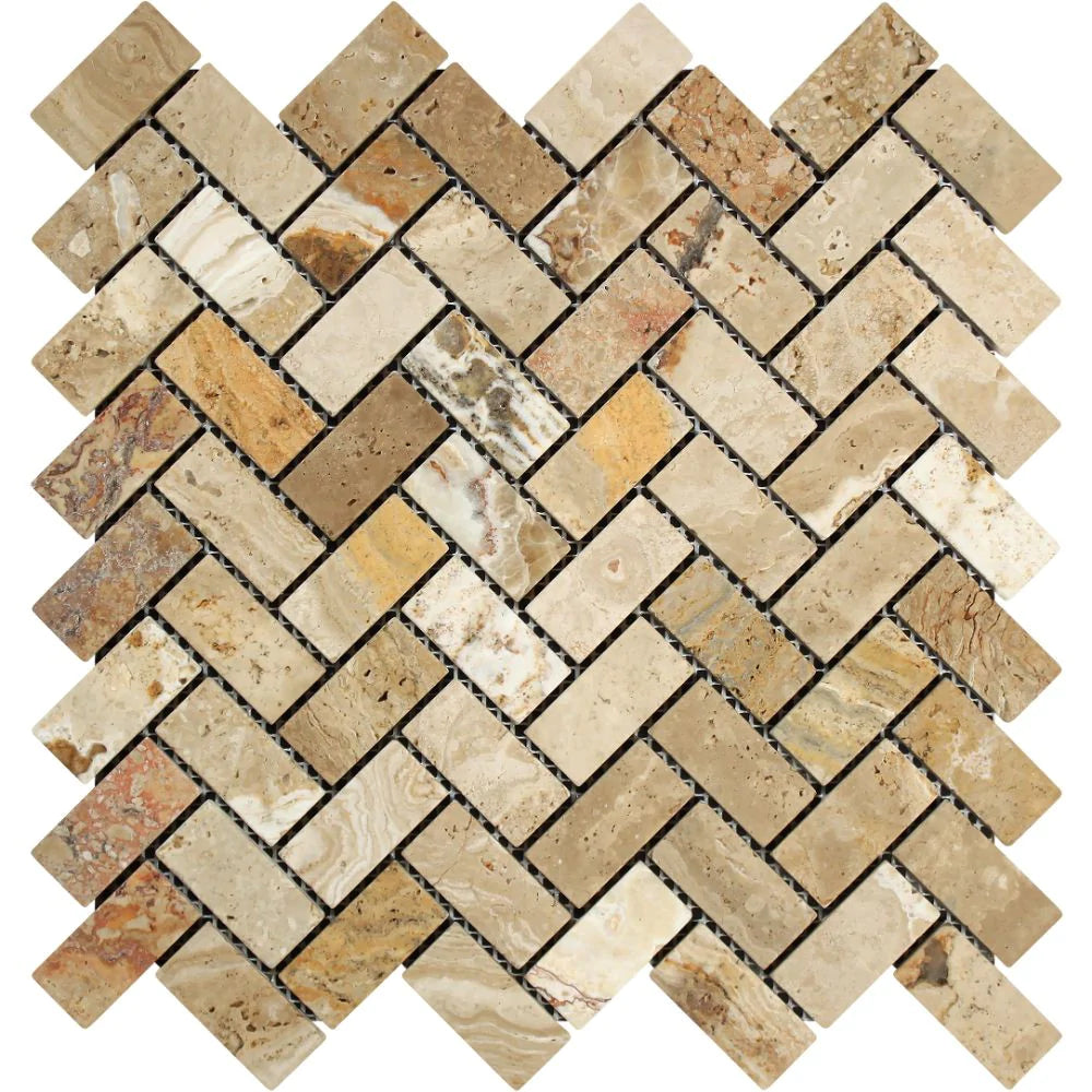 Flat view of Valencia Travertine 1x2 Herringbone Tumbled Mosaic on 12x12 mesh sheet