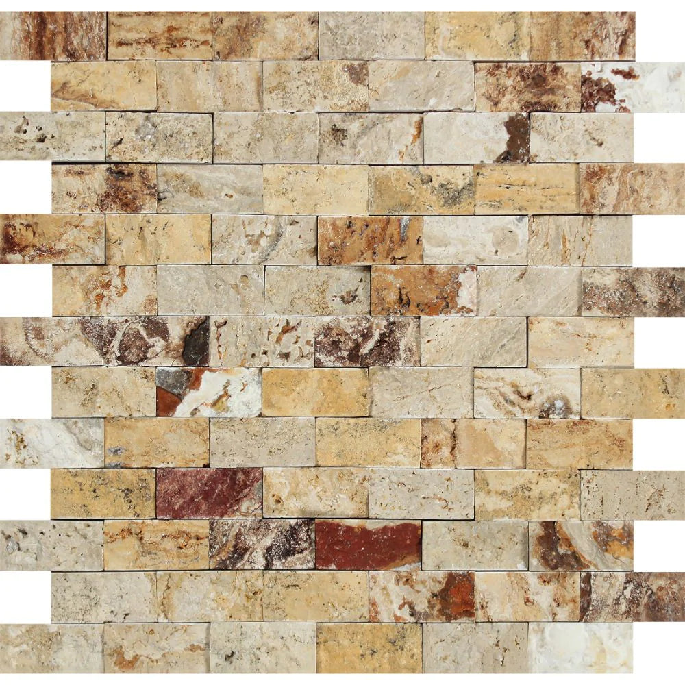 Flat view of Valencia Travertine 1x2 Brick Split Face Mosaic, 12x12 sheet with chiseled finish
