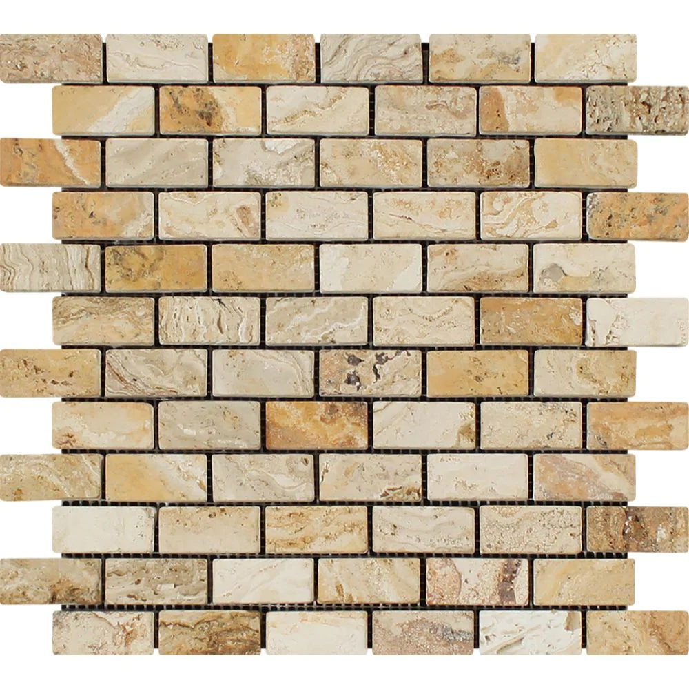 Flat view of Valencia Travertine 1x2 Brick Tumbled Mosaic on 12x12 mesh sheet