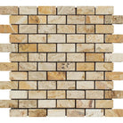Flat view of Valencia Travertine 1x2 Brick Tumbled Mosaic on 12x12 mesh sheet