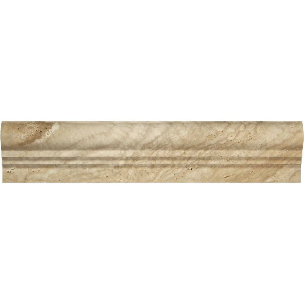 Close-up of Valencia Travertine molding with 2-step bullnose profile and matte surface
