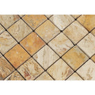 Close-up of tumbled 2x2 Valencia Travertine mosaic tiles with soft edges and matte surface