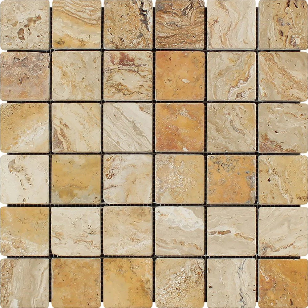 Flat view of Valencia Travertine 2x2 Tumbled Mosaic on mesh sheet, showing beige and rust color mix