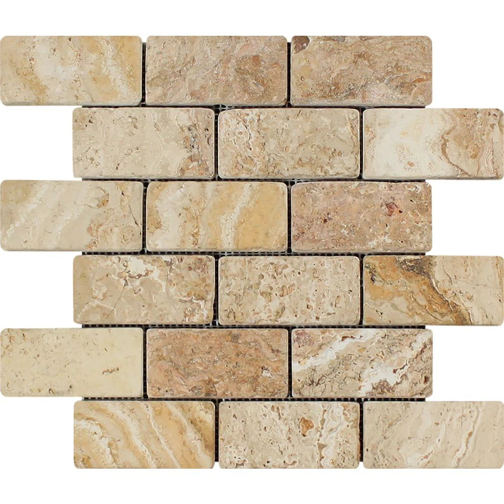 Flat view of Valencia Travertine 2x4 Brick Mosaic in tumbled finish, 12x12 mesh-mounted tile