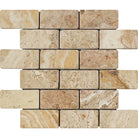 Flat view of Valencia Travertine 2x4 Brick Mosaic in tumbled finish, 12x12 mesh-mounted tile