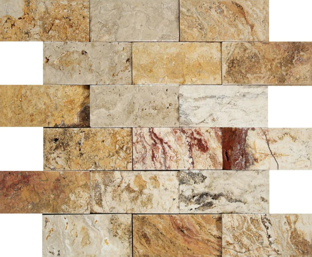 Flat view of Valencia Travertine 2x4 Split Face Mosaic sheet with rustic stone texture