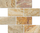 Flat view of Valencia Travertine 3x6 Tumbled Tile showing natural stone color range