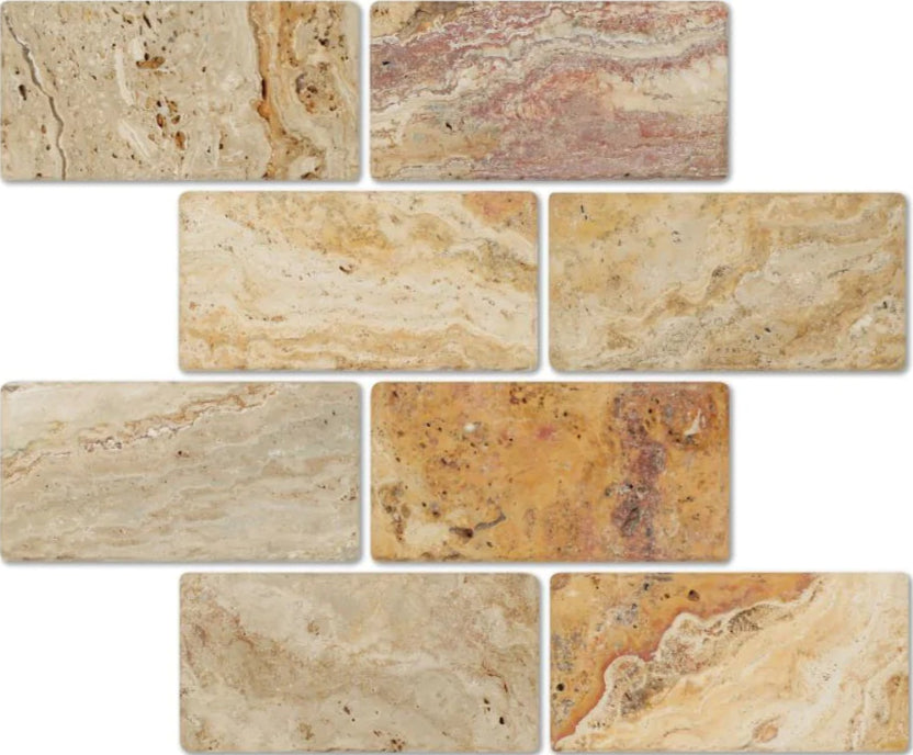 Flat view of Valencia Travertine 3x6 Tumbled Tile showing natural stone color range
