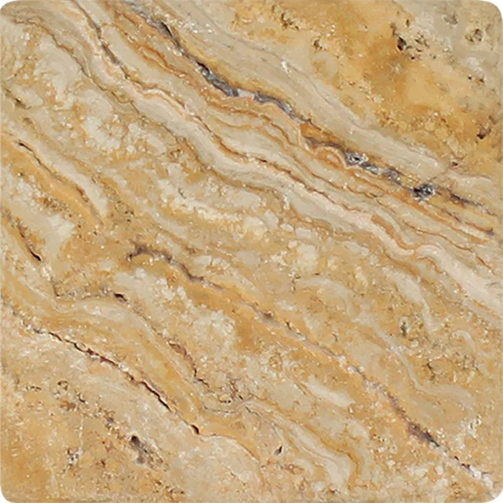 Close-up of Valencia Travertine 4x4 tile with tumbled finish and soft edges