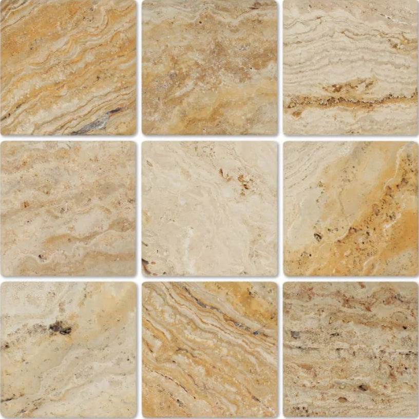 Flat view of Valencia Travertine 4x4 Tumbled Tile showing color variation in beige, cream, and rust
