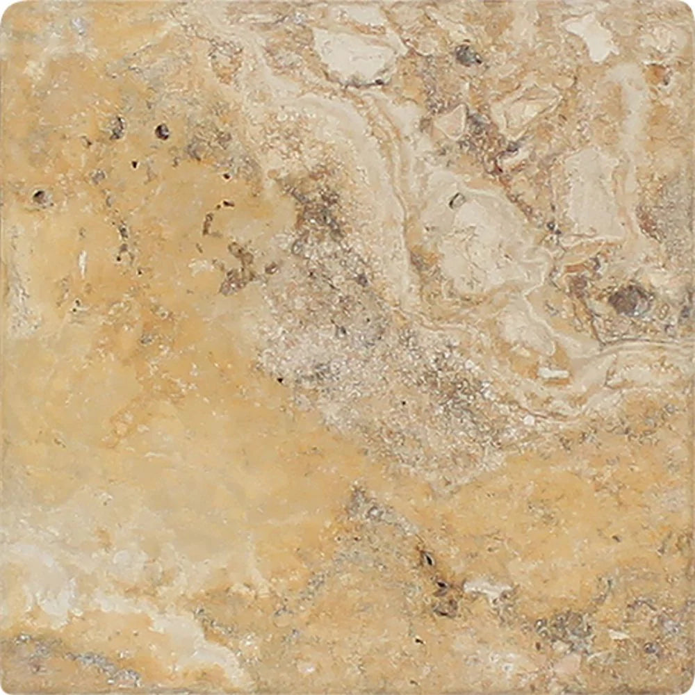 Flat view of Valencia Travertine 6x6 Tumbled Tile showing variation in beige, rust, and cream