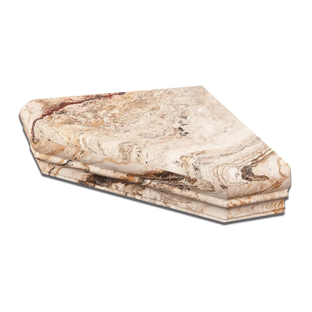 Close-up of honed Valencia Travertine shower shelf with smooth surface and soft edges