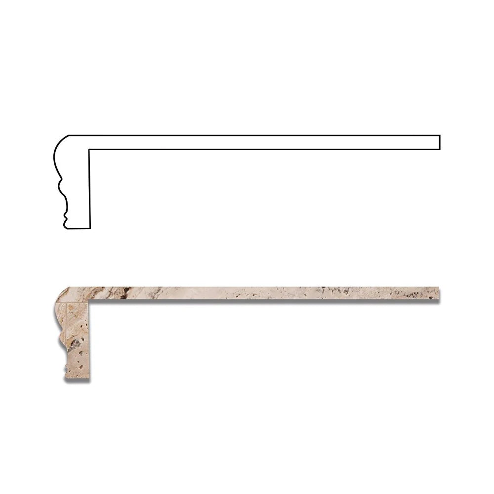 Close-up of honed Valencia Travertine shower shelf with smooth surface and soft edges