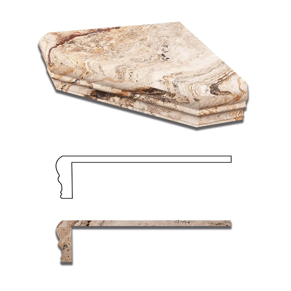 Flat view of Valencia Travertine Corner Shelf in honed finish showing warm natural tones