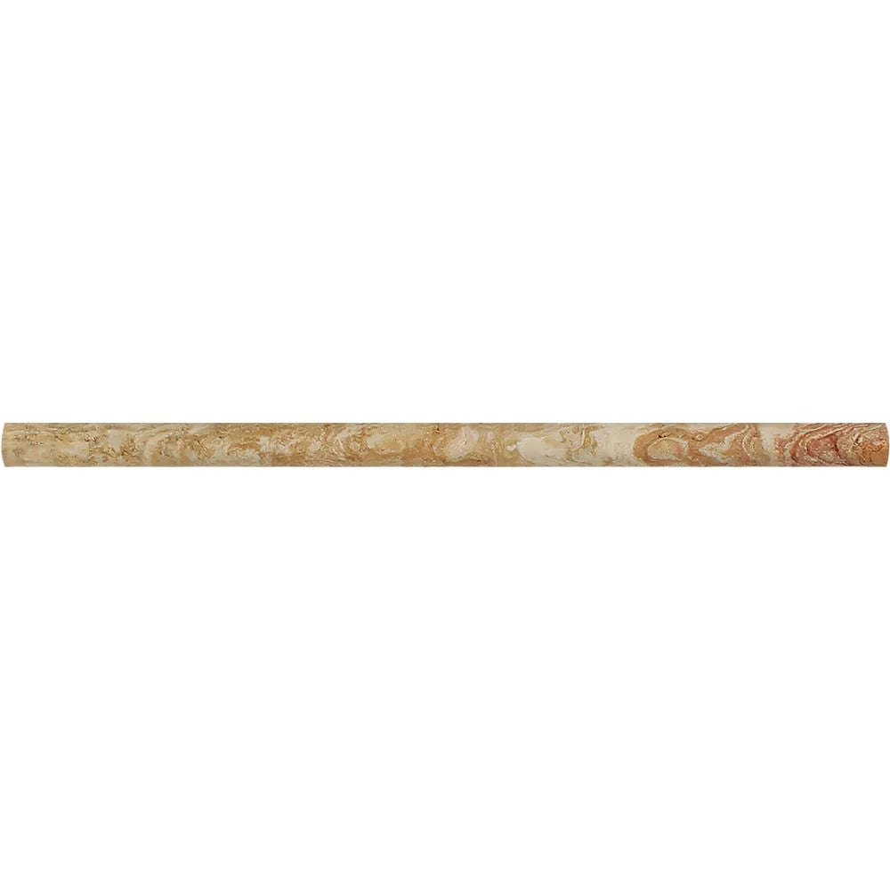 Close-up of slim honed Valencia Travertine Pencil Molding showing bullnose edge and natural tone