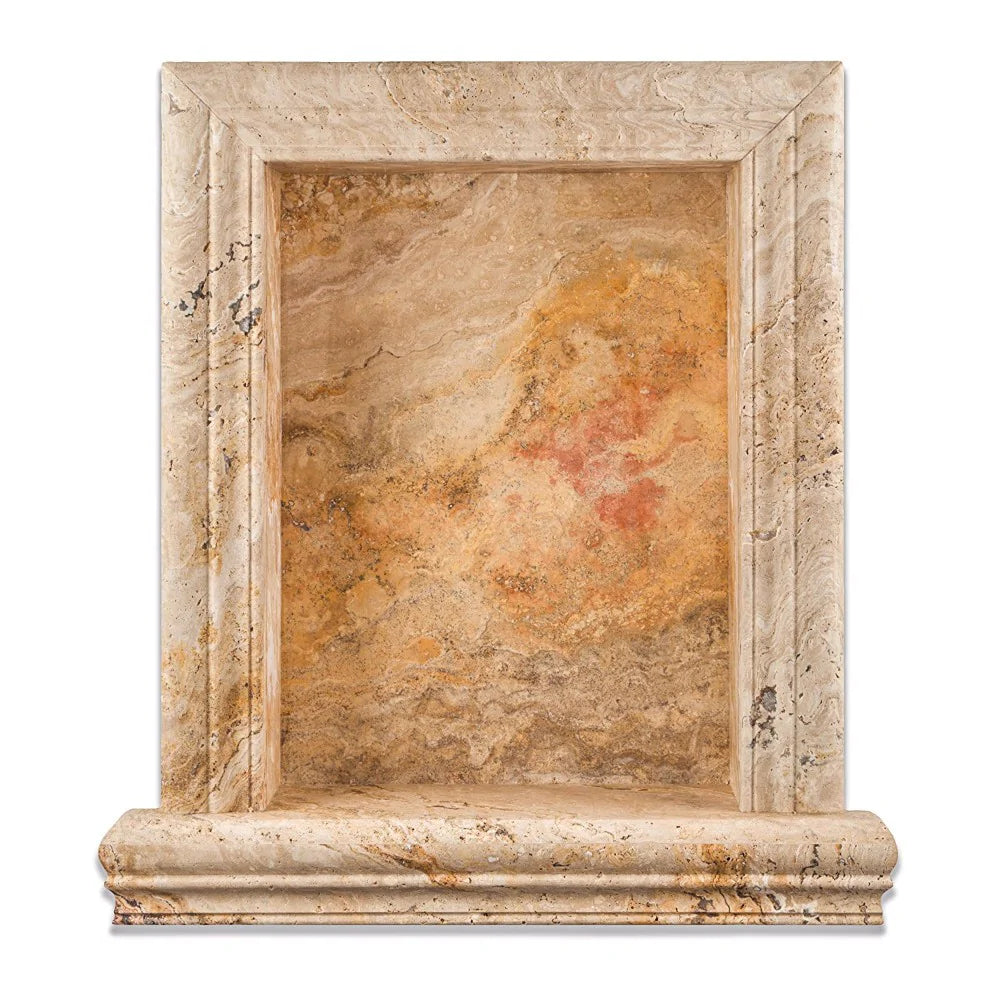 Close-up of honed Valencia Travertine niche piece showing soft matte texture and color variation