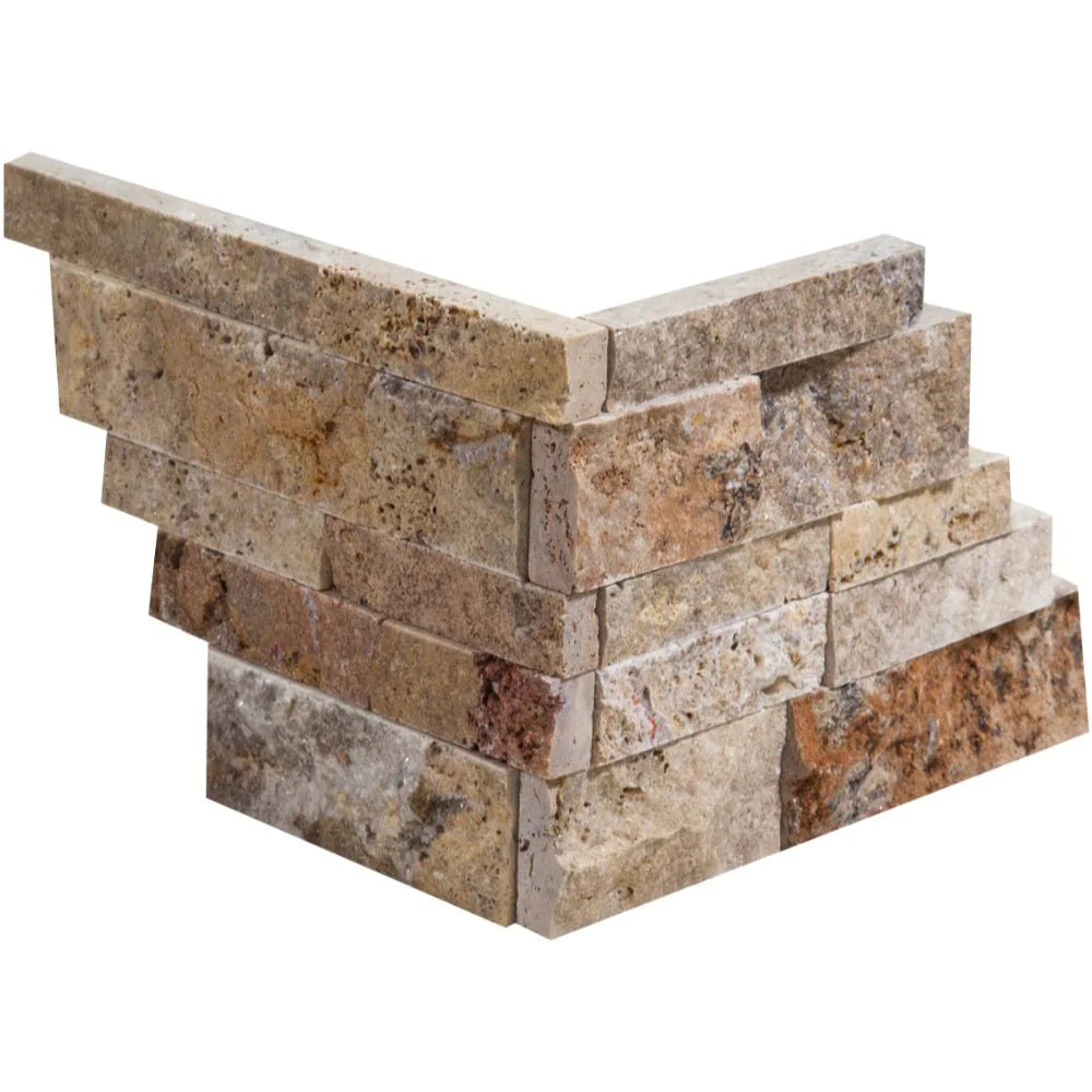 Flat view of Valencia Travertine Brick Split Face Ledger Corner, 6x18 natural stone L-shaped piece