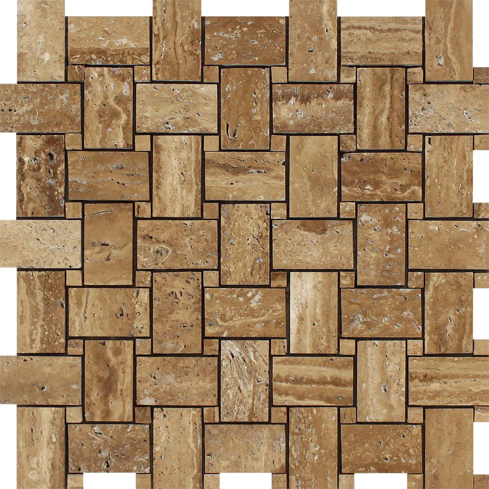 Veincut Noce Basketweave Travertine Mosaic