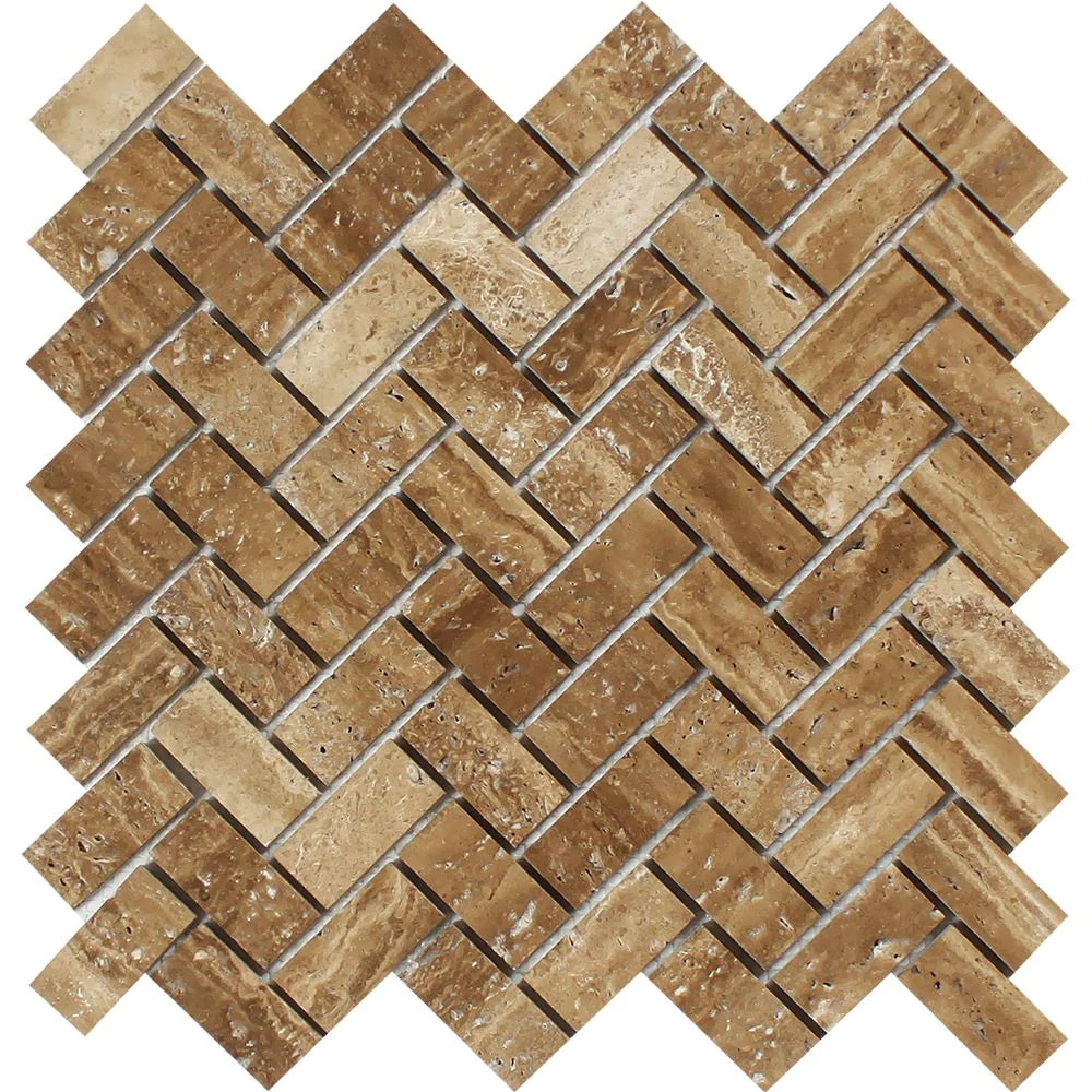 Veincut Noce Herringbone Travertine Mosaic 1x2