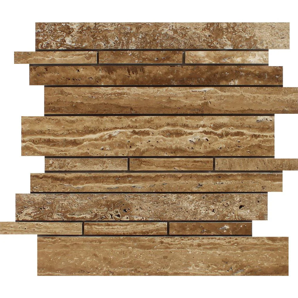 veincut noce travertine random strip mosaic