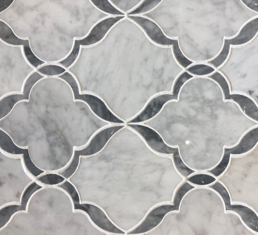 Flat lay of Carrara White and Bardiglio Venetian waterjet mosaic tile in marble finish